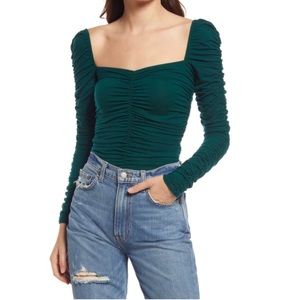 Reformation Emerald Green Ruched Square Neck Long Sleeve Top